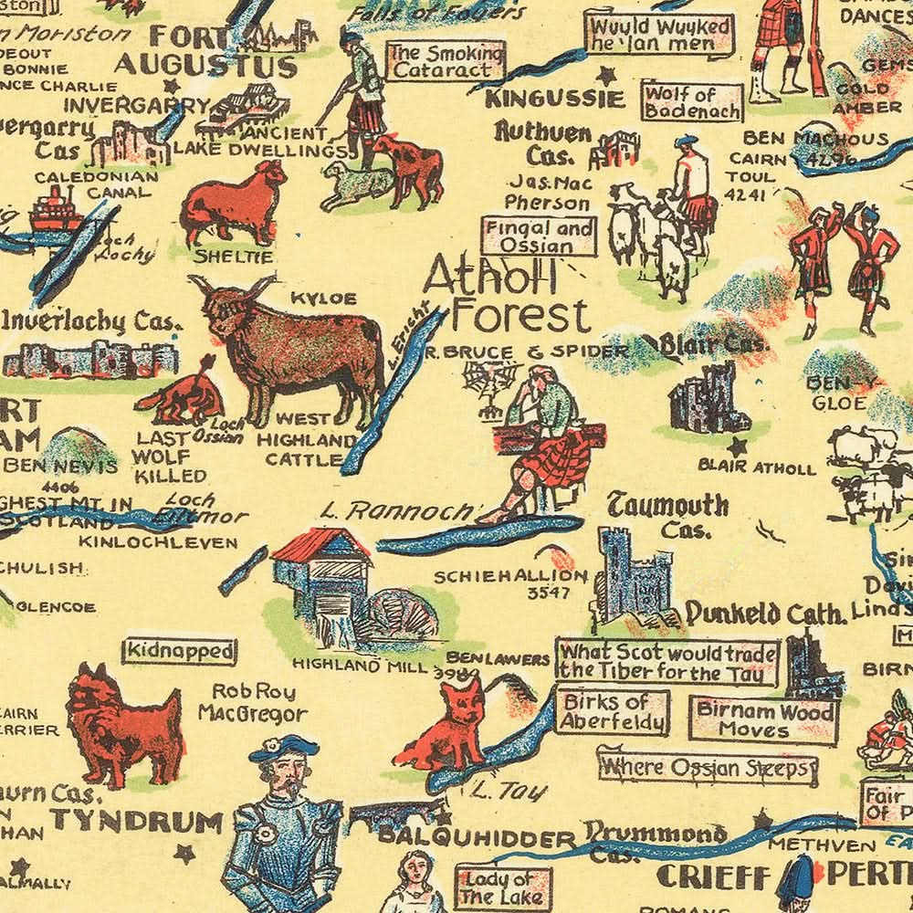 Mapa ilustrado antiguo de Escocia, 1935: Edimburgo, Glasgow, castillos, tartanes y personajes históricos