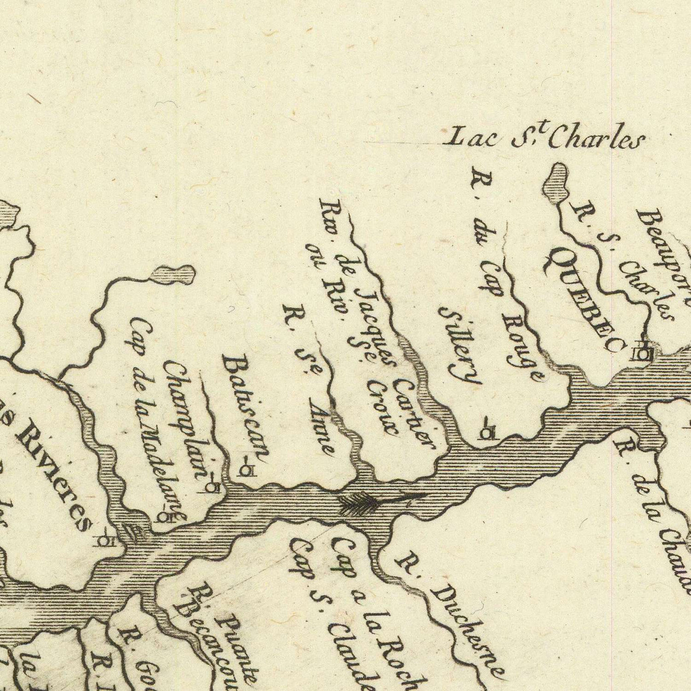 Old Map of Quebec and Ontario by Bellin, 1757: St. Lawrence River, Lac Ontario, Lac Champlain, Fort Carillon, Fort Edward