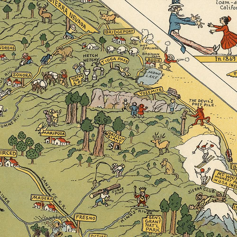 Mapa ilustrado antiguo de California, realizado por Mora en 1927: Los Ángeles, San Francisco, Yosemite, Sierra Nevada y la fiebre del oro