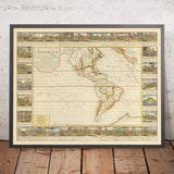 Grande ancienne carte française des Amériques par Bailleul, 1752 : Exploration illustrée et colonialisme, revendications françaises et espagnoles 