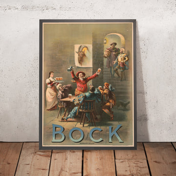 A framed image of Auerbach’s Keller Vintage Bock Beer Poster by Henry Jerome Schile, 1892