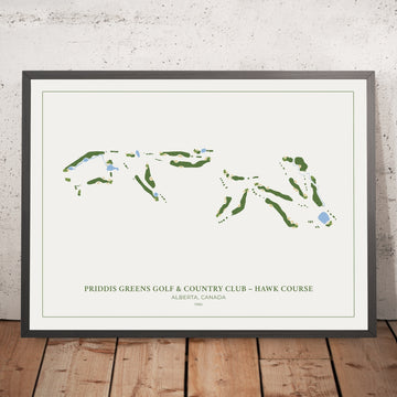 A framed image of Priddis Greens Golf & Country Club – Hawk Course in the style of a simple and modern golf course map