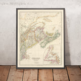 Antica mappa del Basso Canada di Arrowsmith, 1844: Montreal, Quebec, Terranova, New Brunswick, Nuova Scozia 