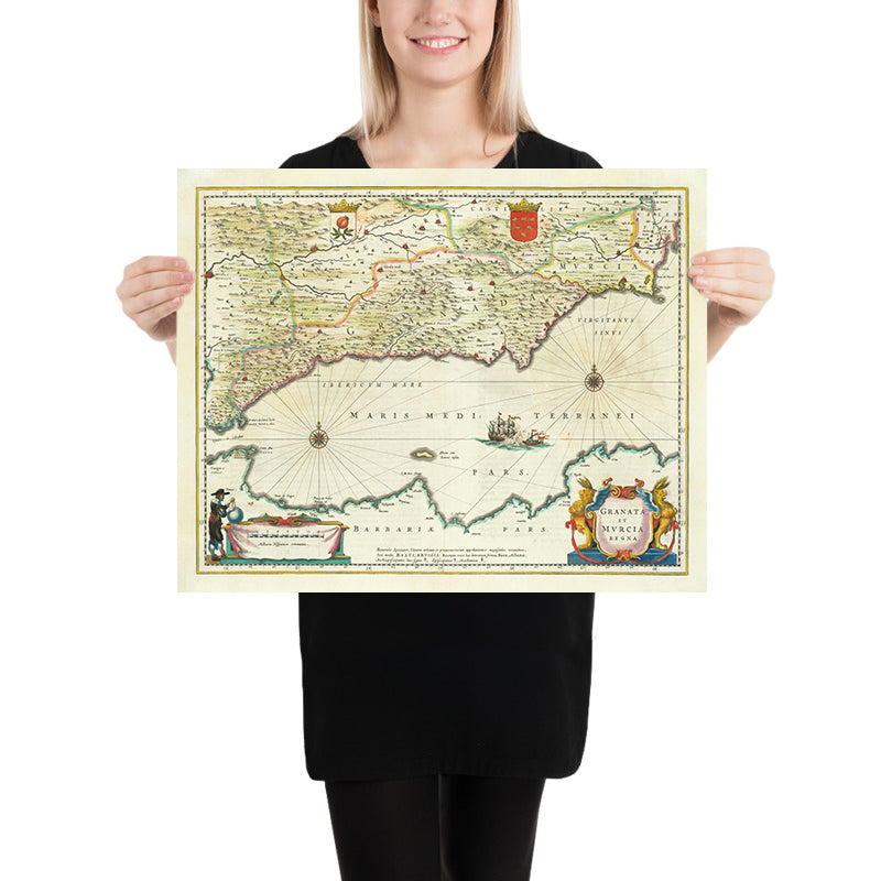 Mapa antiguo del sur de España por Blaeu, 1640: Granada, Murcia, Málaga, Batalla Naval 