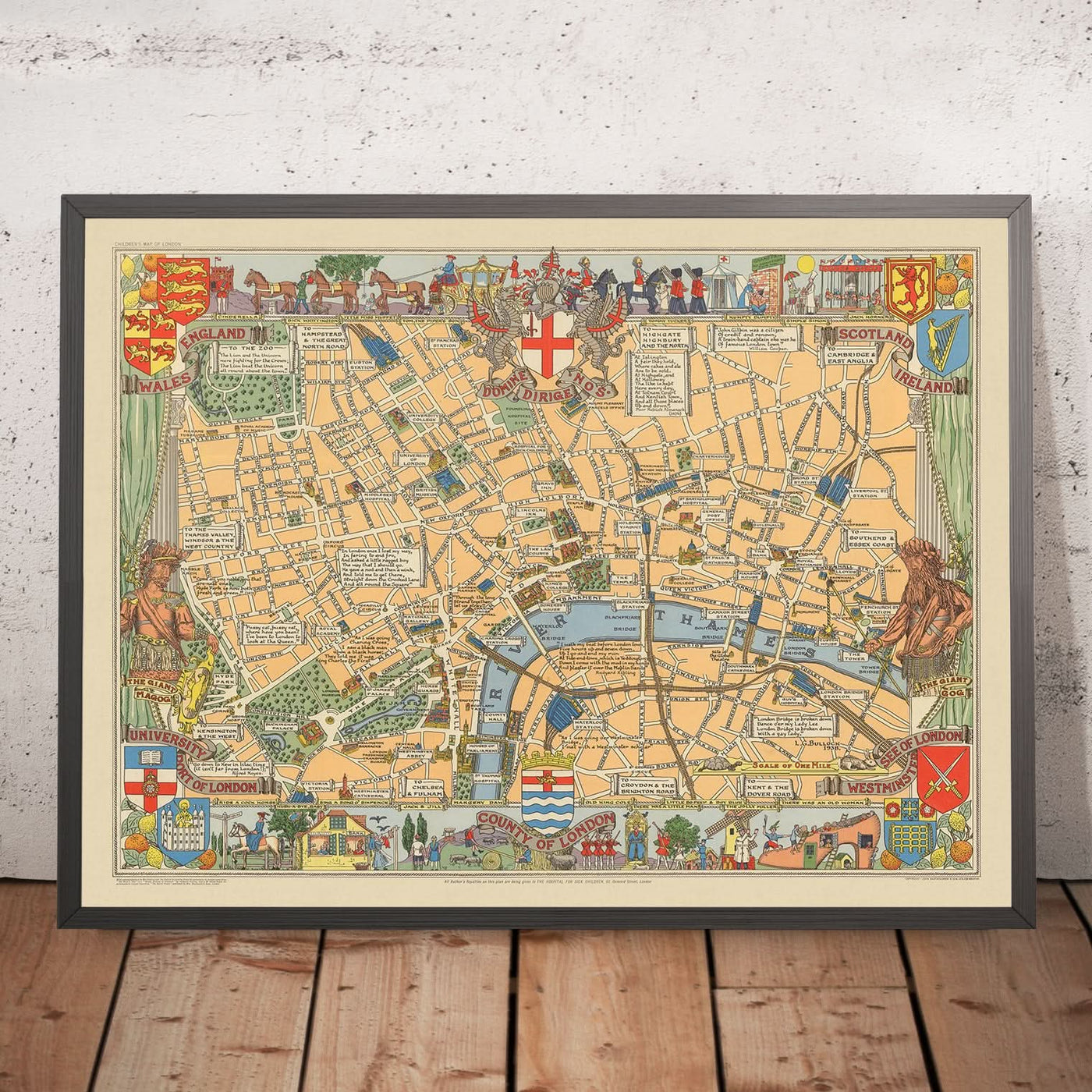 Old Historical Map of London by Bullock, 1938: Tower of London, St. Paul's, Westminster, Hyde Park, Thames