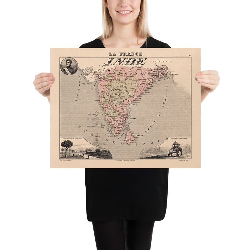 Antica mappa della "India francese" di Vuillemin, 1869: Enclavi francesi, Pondicherry, Chandannagar, Mahé, Mare di Bengala 