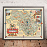 Alter bildlicher Stadtplan von West Riding of Yorkshire von Clegg, 1946: Leeds, Bradford, Flüsse, Churchill-Zitate, Wappen 