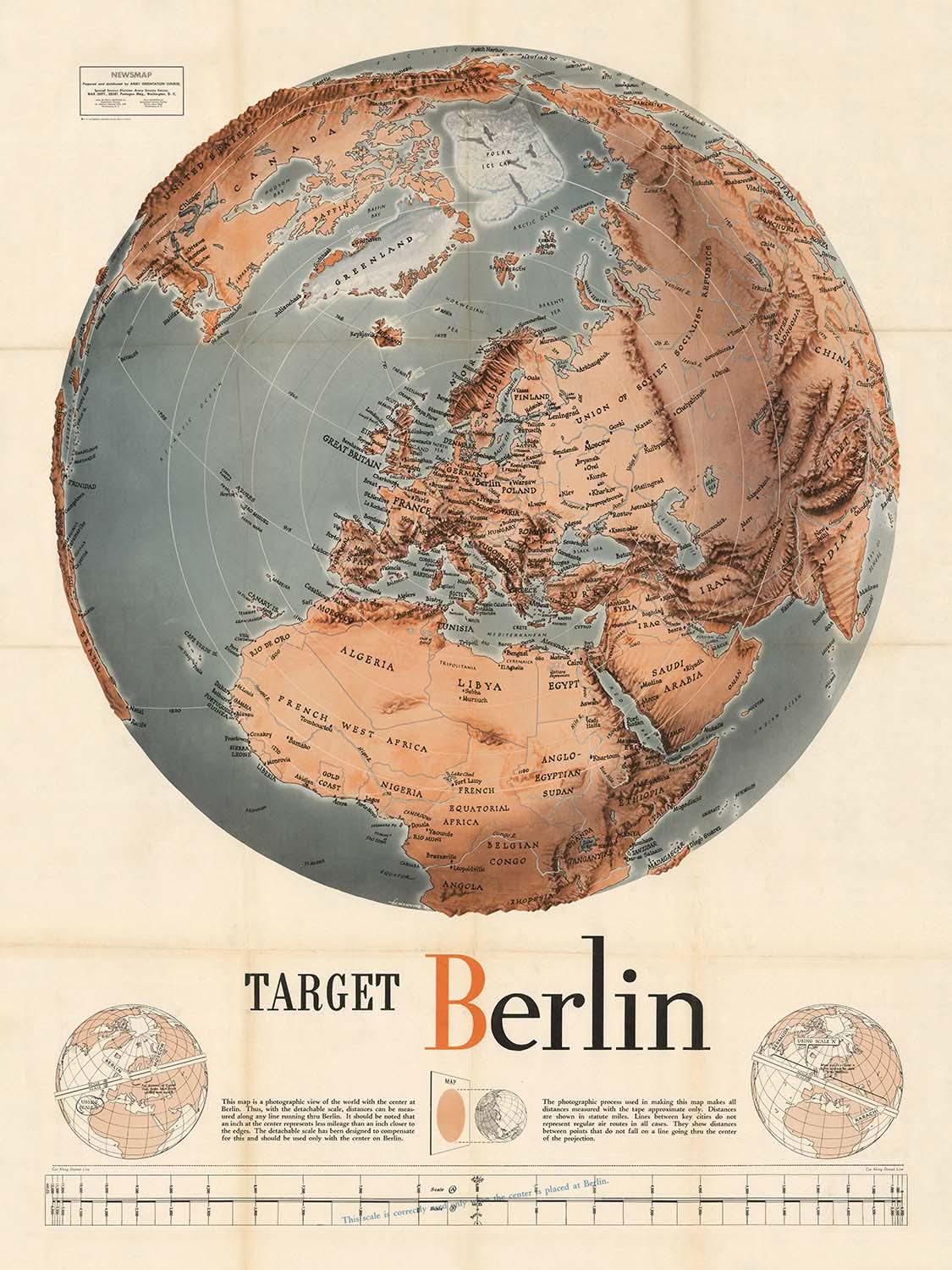 Mapa militar antiguo de la Segunda Guerra Mundial de Manning, 1943: Berlín, Tokio, rutas de vuelo, enfoque estratégico