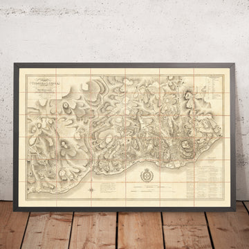 Vecchia mappa militare di Lisbona, 1814: Jerónimos, Castelo de S. Jorge, Praça do Comércio, fiume Tago 