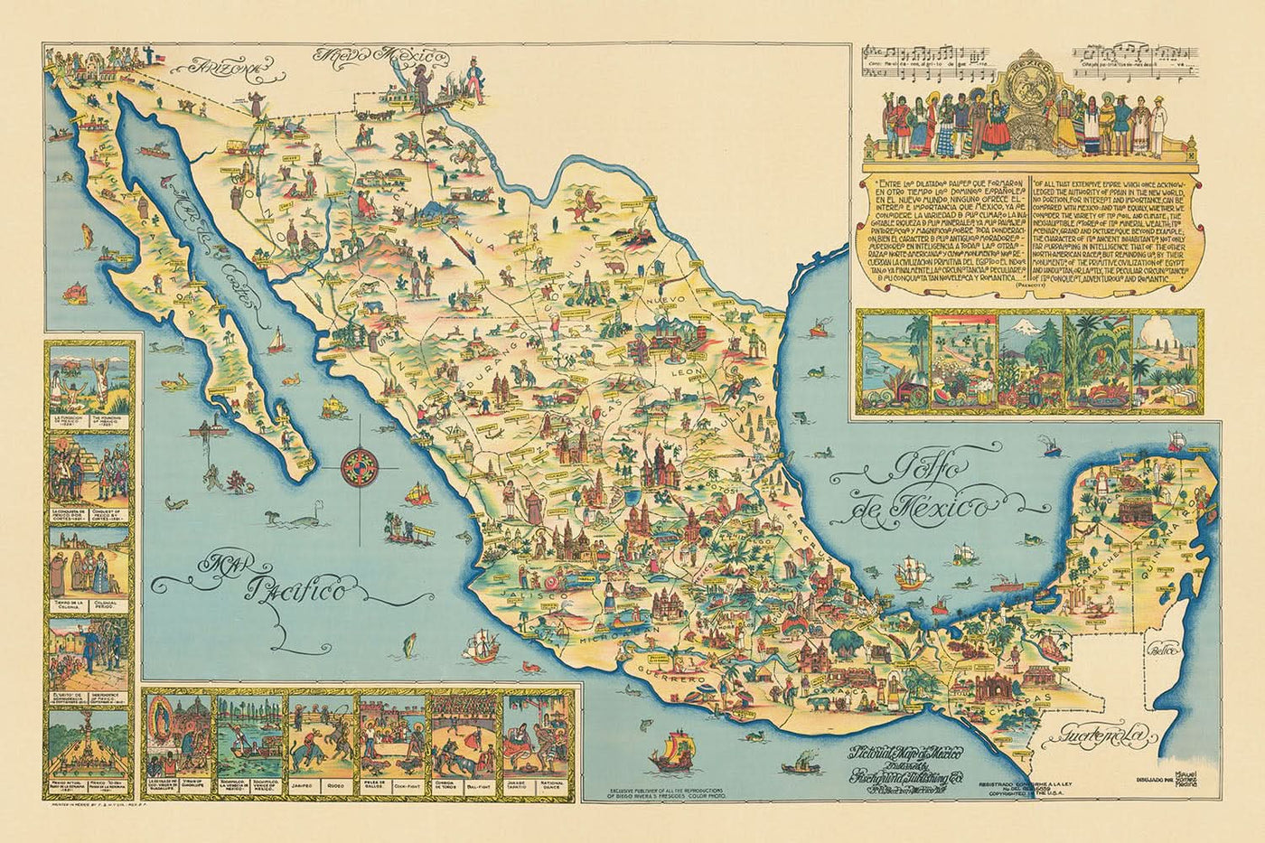 Mapa pictórico antiguo de México de Fischgrund, 1950: Ciudad de México, Pico de Orizaba, Océano Pacífico, Golfo de México, Ilustraciones culturales