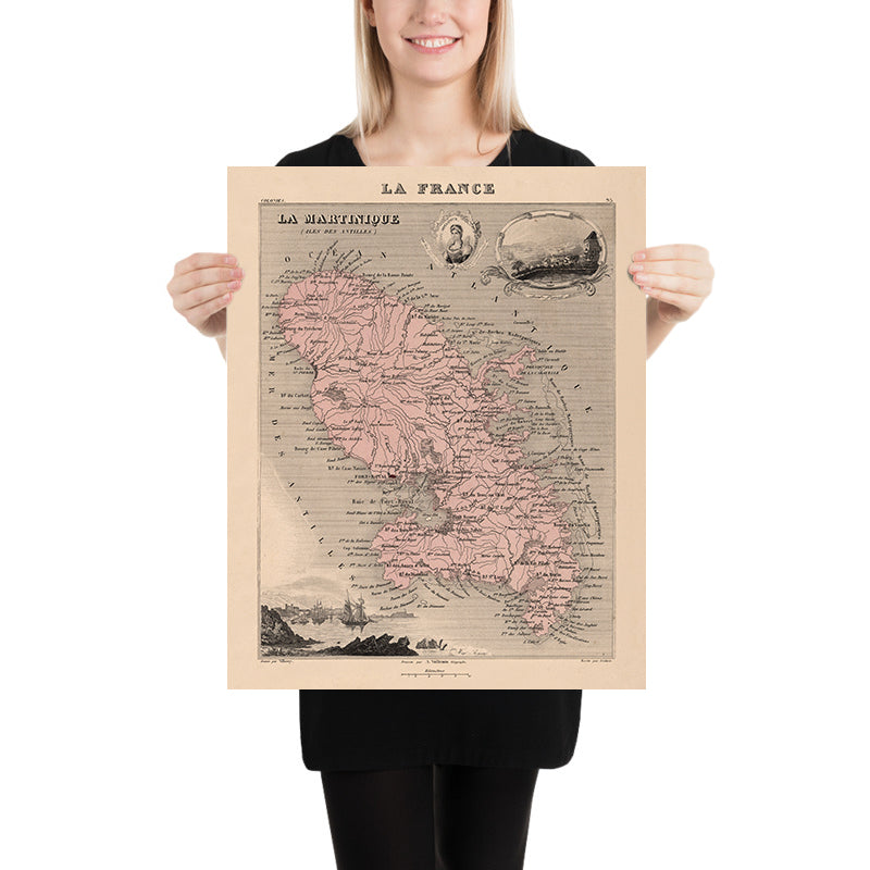 Mappa antica di Martinica, Antille minori di Vuillemin, 1869: Fort-de-France, Saint-Pierre, Canna da zucchero 