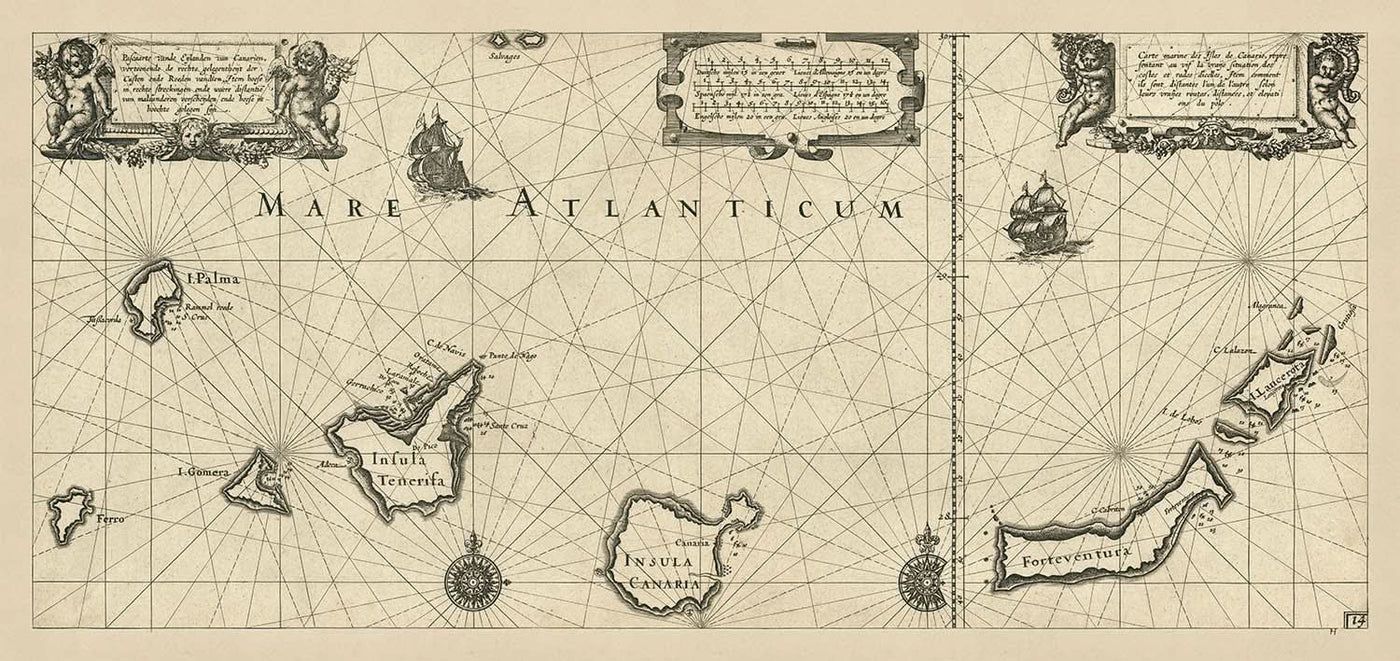 Carta náutica antigua de las Islas Canarias de Blaeu, 1608: Lanzarote, Tenerife, Gran Canaria