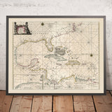 Old Map of the Caribbean and Gulf of Mexico by Goos, 1667: Dutch Golden Age map; Mercator projection; ornate cartouche