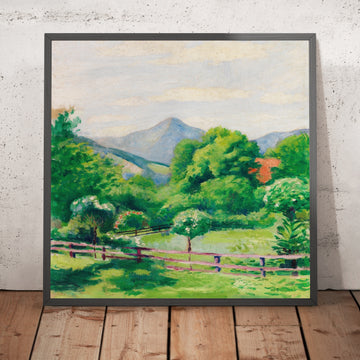A framed image of Garden in Tegernsee with House and Mountain by August Macke, 1910