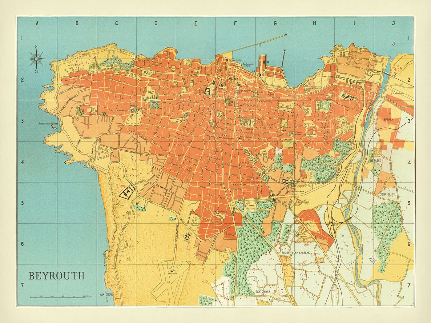 Alter Stadtplan von Beirut, 1949: Hotel Normandy, Hippodrom, Kiefernwald, Hafen von Beirut, Eisenbahnlinien