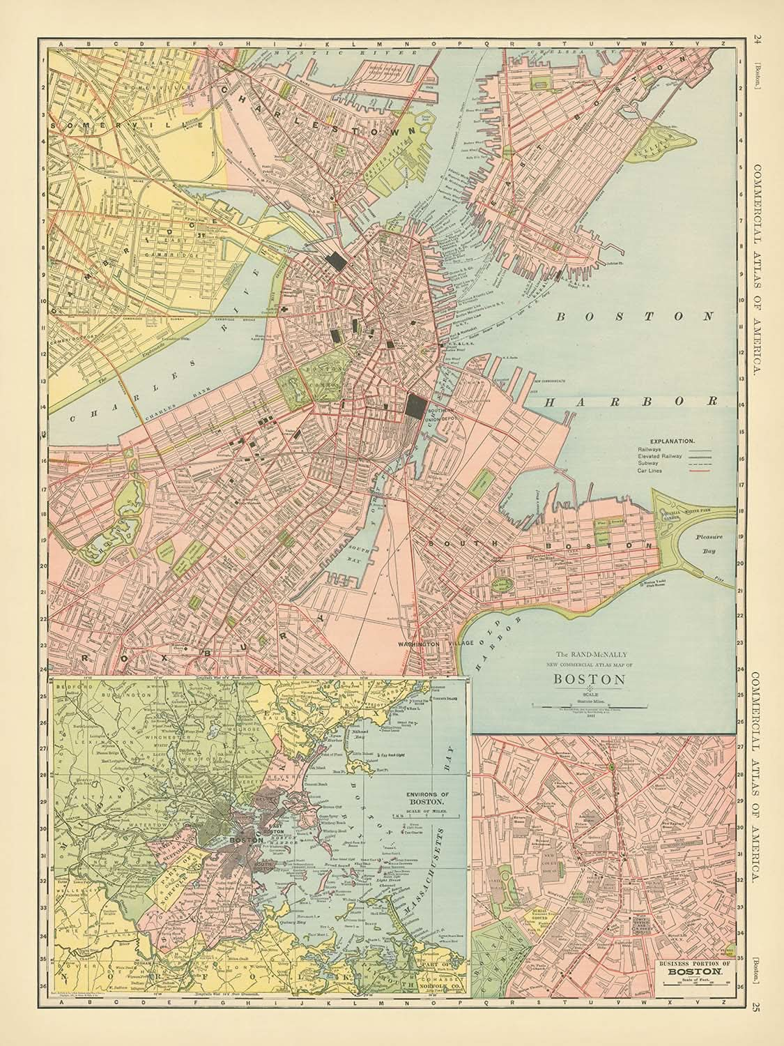 Mapa antiguo de Boston, 1912: puerto de Boston, sur de Boston, Roxbury, Boston Common, jardín público