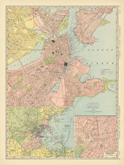 Mapa antiguo de Boston, 1912: puerto de Boston, sur de Boston, Roxbury, Boston Common, jardín público