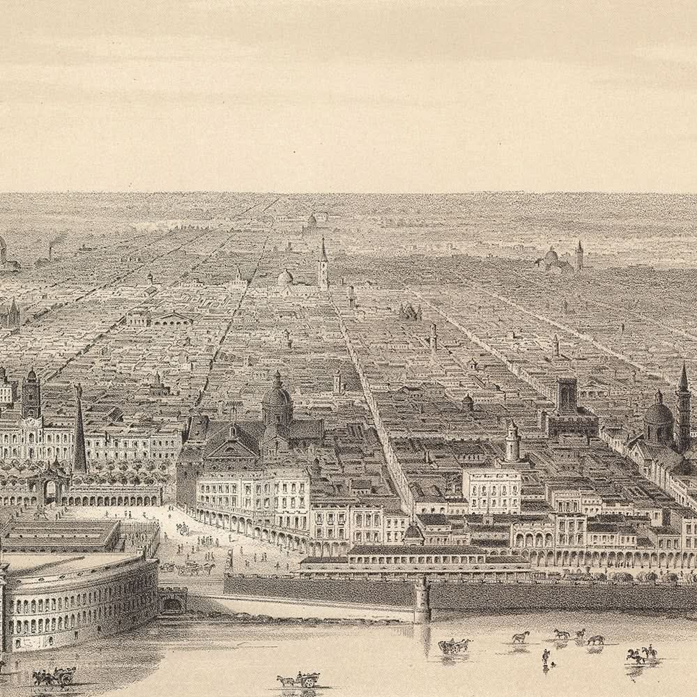 Antiguo mapa a vista de pájaro de Buenos Aires por Dulin, 1880: Casa Rosada, Puerto Madero, Correo Central, Gabildo, Río de la Plata