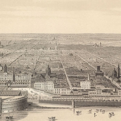 Ancienne carte à vol d'oiseau de Buenos Aires par Dulin, 1880 : Casa Rosada, Puerto Madero, Correo Central, Gabildo, Rio de la Plata