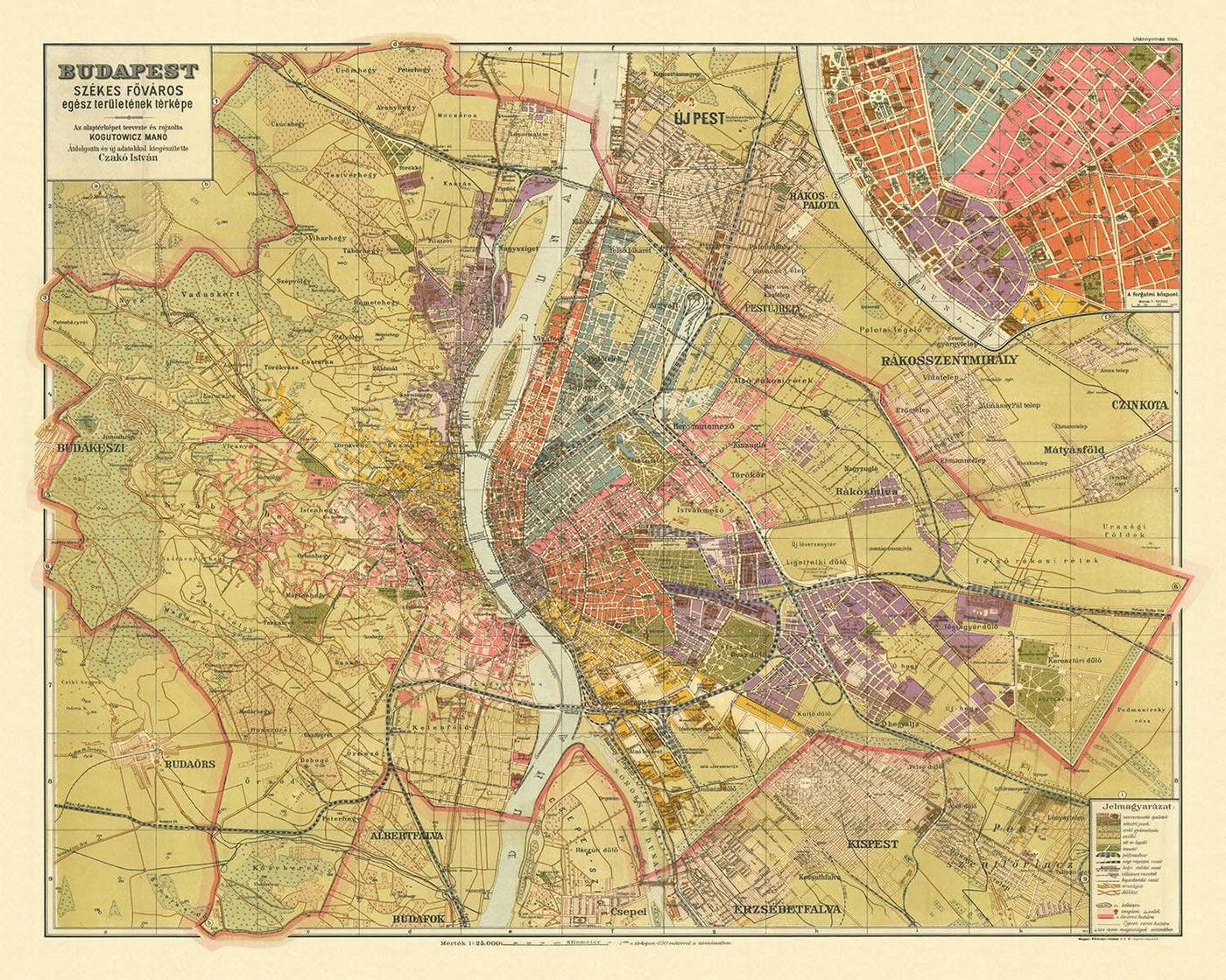 Ancienne carte de Budapest par Kogutowicz, 1907 : Andrássy út, Erzsébet körút, Danube, chemins de fer, parcs