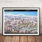 Antiguo mapa panorámico de North Cascades National Park de Berann, 1989: Mount Baker, Glacier Peak, Ross Lake 