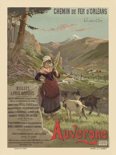Vic-sur-Cère, Auvergne Travel Poster: Chemins de Fer d’Orléans – Billets à prix réduits by F. Hugo d’Alesi, 1896