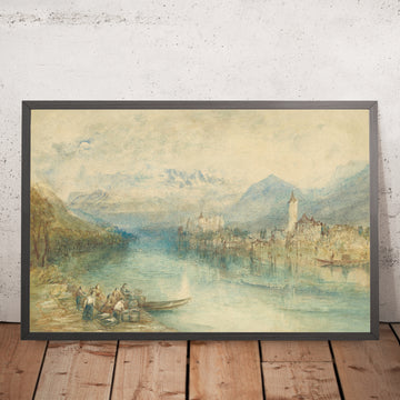 A framed image of Looking towards Lake Thun, from opposite Scherzligen, with Schloss Schadau and the Niesen in the distance, Switzerland (Looking towards Lake Thun) by Turner, 1804