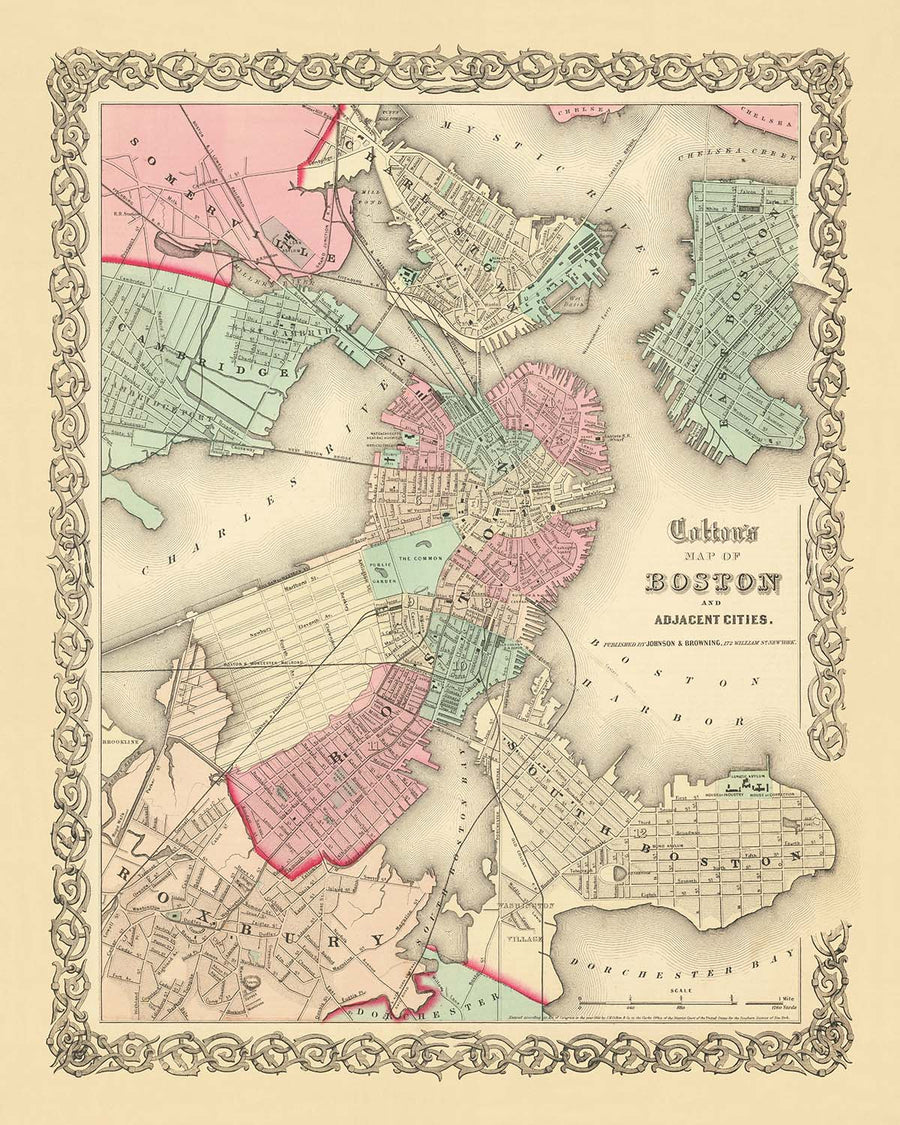 Old Street Map of Boston by Colton, 1866: Boston Common, State House, Boston Harbor, Cambridge, Charlestown