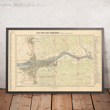 Plan de la vieille ville de Heidelberg par Rübsamen, 1907 : Château, Neckar, Neuenheim, Bergheim, Philosophenweg