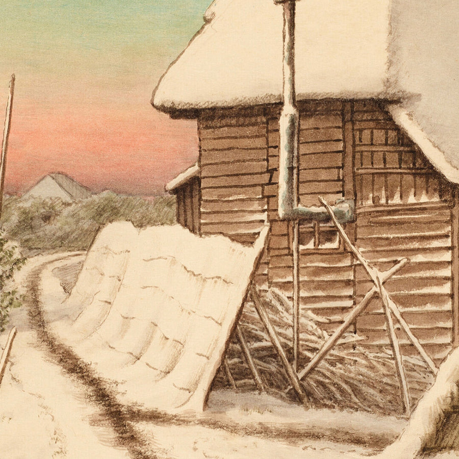 Atardecer en el cielo de la tarde después de la nieve en Morigasaki de Hasui Kawase 1935 