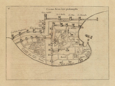 Mapa antiguo de Acre de Vesconte, 1611: Templarios, Hospitalarios, Portus Pisani, Torres, Iglesias