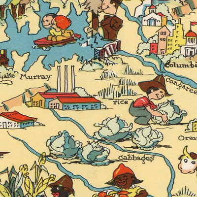 Pictorial Map of South Carolina by Ruth Taylor White, 1935: Columbia, Charleston, Greenville, Atlantic Coast, County Borders