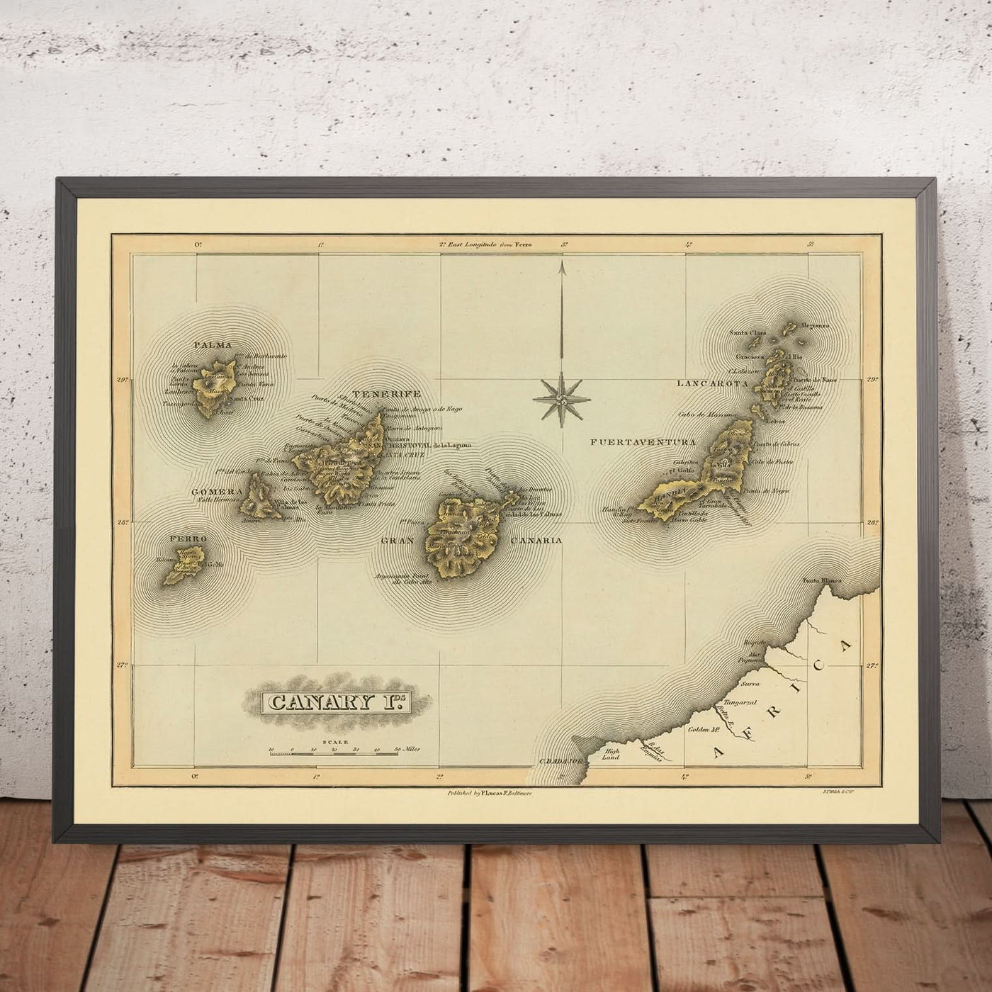 Old Rare Map of Canary Islands by Lucas, 1823: Tenerife, Gran Canaria, Compass Rose, Mountains, Atlantic