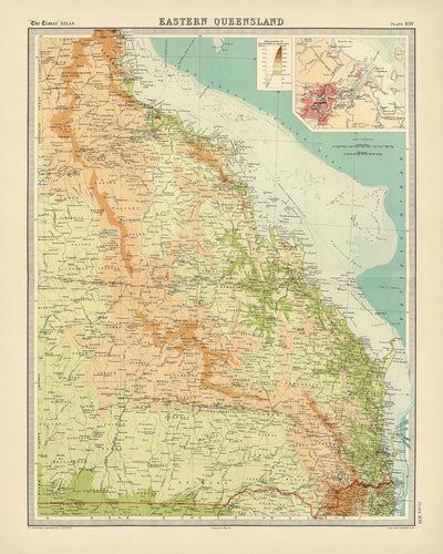 Mapa antiguo del este de Queensland de Bartholomew, 1922: Brisbane, Cairns, relieve, rutas de navegación, recuadro