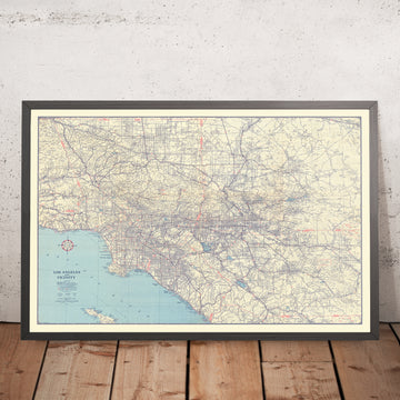 Large Old Los Angeles Road Map, 1945: Automobile Club of Southern California, Hollywood, Beverly Hills, Route 66