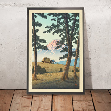 A framed image of Evening at Tago Bay with Mt. Fuji by Hasui Kawase, 1935