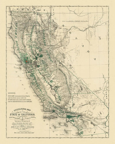 Alte Karte von Kalifornien, 1880: San Francisco, Los Angeles, Sonoma, Weinberge, Reblaus