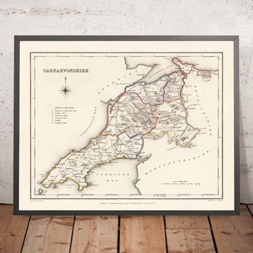 Mapa antiguo de Carnarvonshire, Gales, de Lewis, 1844: Bangor, Caernarfon, Conwy, Snowdon, puente colgante de Menai 