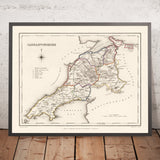 Alte Karte von Carnarvonshire, Wales von Lewis, 1844: Bangor, Caernarfon, Conwy, Snowdon, Hängebrücke über die Menai-Straße 