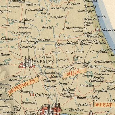 Mapa ilustrado antiguo de East Riding de Clegg, 1946: Hull, Beverley, Segunda Guerra Mundial, Walmgate Bar, Compass Rose