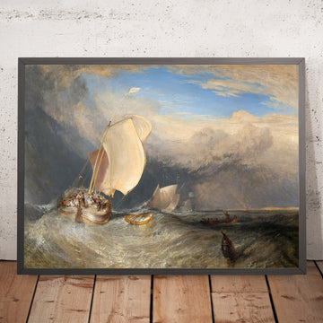A framed image of Fishing Boats with Hucksters Bargaining for Fish by Turner, 1837