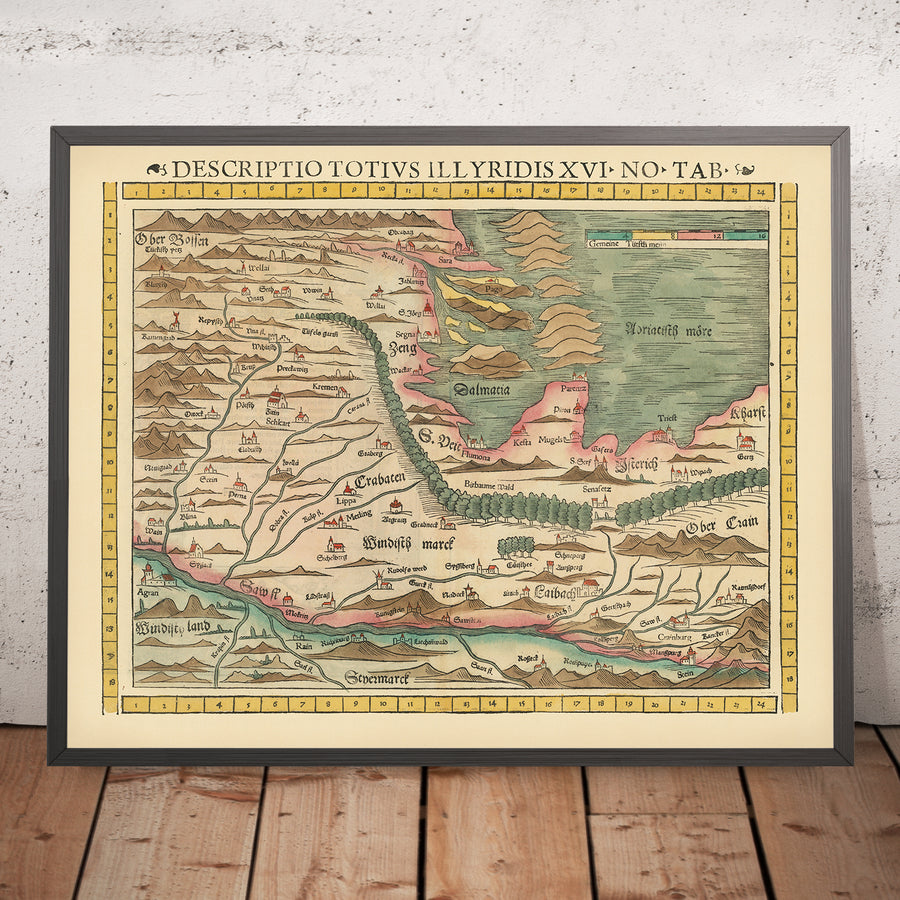 Antica mappa rara di Croazia e Slovenia di Münster, 1552: fiume Drava, costa adriatica, Zara, confini ottomani, montagne 