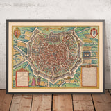 Mappa antica di Milano di Braun & Hogenberg, 1572: Cattedrale, Fortificazioni, Strade, Campi 