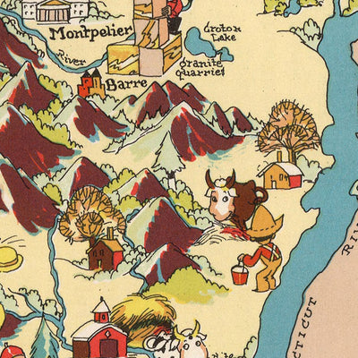 Pictorial Map of Vermont by Ruth Taylor White, 1935: Burlington, Montpelier, Rutland, County Boundaries, Maple Sugaring