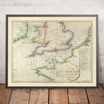 Old Nautical Map of the English Channel by Russell, 1803: Dover-Calais, Portsmouth, Cherbourg, Le Havre, Boulogne