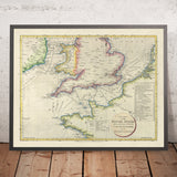 Ancienne carte nautique de la Manche par Russell, 1803 : Douvres-Calais, Portsmouth, Cherbourg, Le Havre, Boulogne 