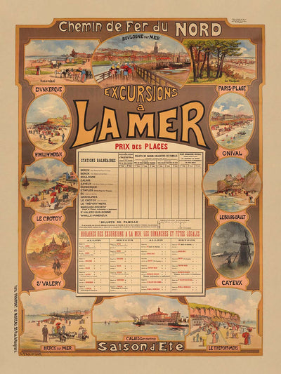 Northern France Travel Poster: Chemin de fer du Nord – Excursions à la mer by Gustave Fraipont, 1890