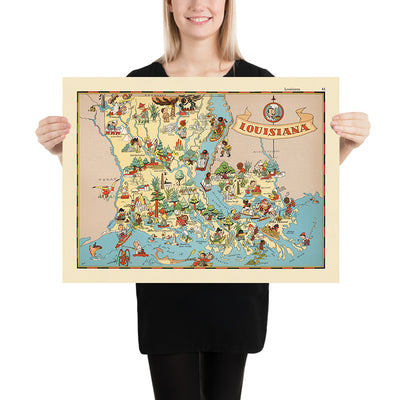 Pictorial Map of Louisiana by Ruth Taylor White, 1935: New Orleans, Baton Rouge, Jazz, Bayous, Mardi Gras