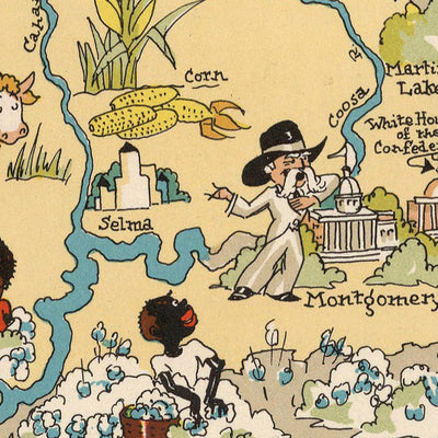Pictorial Map of Alabama by Ruth Taylor White, 1935: Birmingham, Montgomery, Mobile, Cotton Fields, Rivers