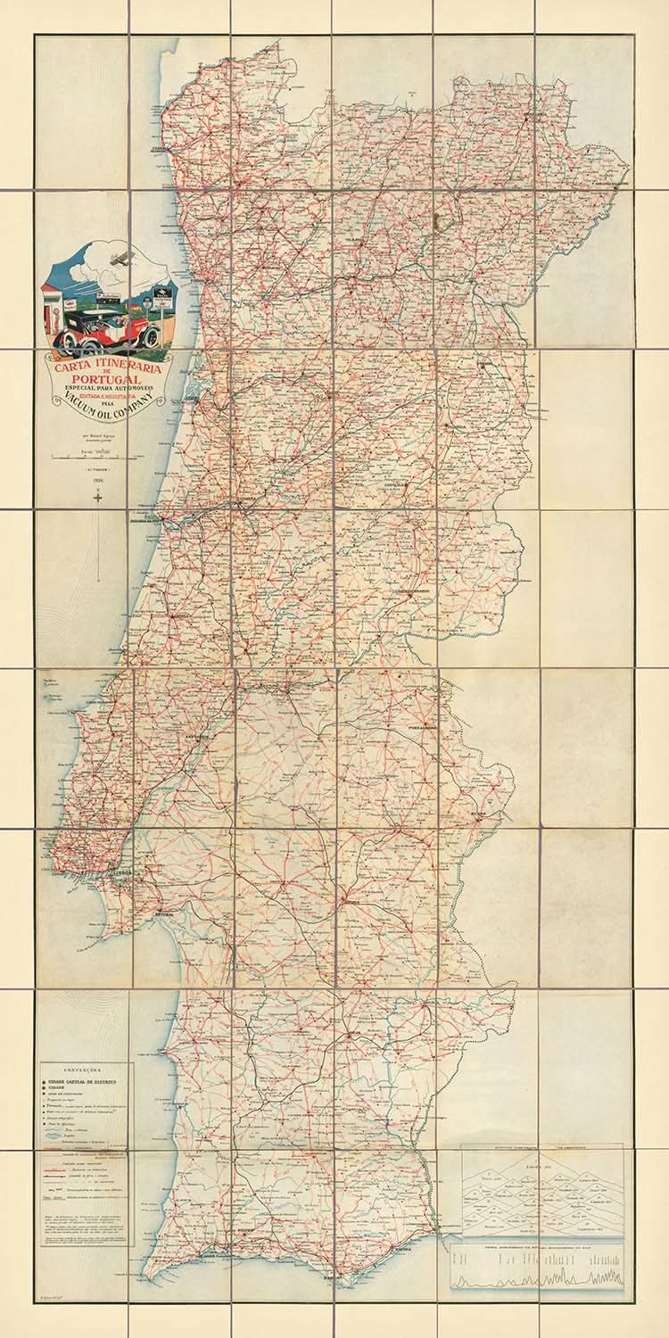 Mapa antiguo y raro de Portugal, 1926: Lisboa, Oporto, costa atlántica, fronteras, tema automovilístico